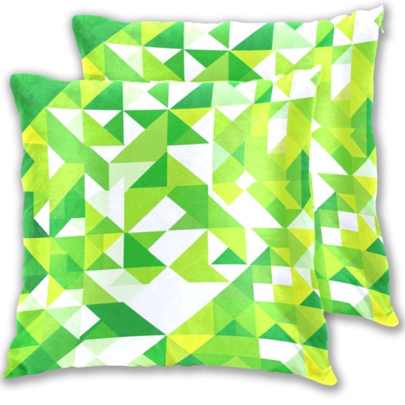 Green Geometric Triangles 20x20in 2-Piece Cotton Fleece Throw Pillow Covers, Shrink Resistant, Hidden Zip