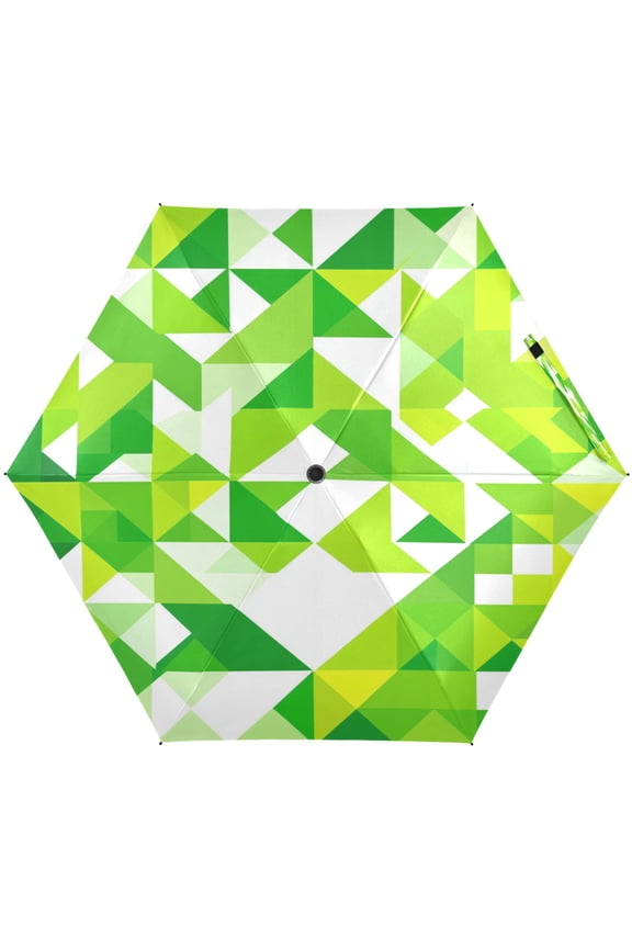 Green Geometric Triangles Umbrellas for Sun Auto Open Close UV50+ Waterproof 5-Fold Compact Fiberglass Frame