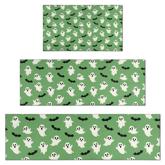 Green Ghost Bat Pattern Kitchen Rugs Sets Of 3,Kitchen Runner Rugs Non Skid Washable,Decorative Kitchen Floor Mats for Kitchen,Sink,Laundry,17"x30"+ 17"x47" + 17"x59"