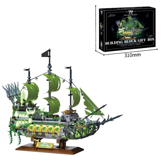 Green Ghost Glow In Dark Pirate Ship Building Blocks, 2024PCS Fantasy Ghost Vessel Model for Adult Collection