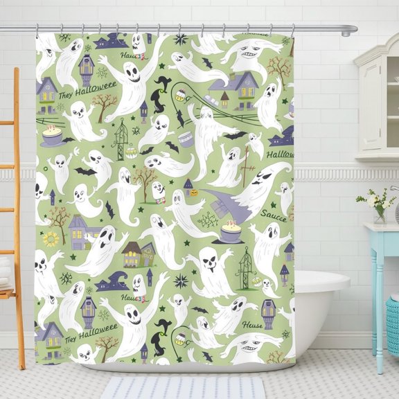 Green Ghost Shower Curtain with White Ghosts Stars & Houses - Fun Halloween Bathroom Decor