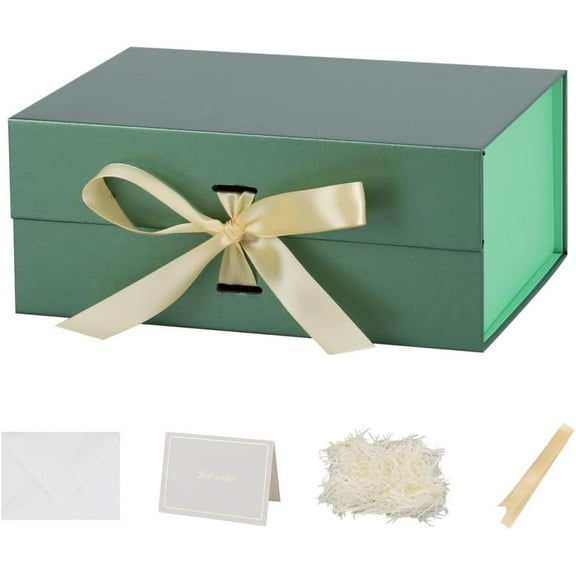 Green Gift Box with Shredded Paper 1 Pack 9.5X7X4 Inch Small Magnetic Gift Box with Lid Rectangle Collapsible Luxury Box with Ribbon for Presents Crinkle Cut Paper Shred with Card