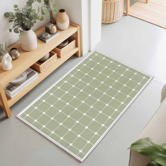 Green Gingham 2'x3' Rug for Entryway Front Door Kitchen Sink Area, Modern Minimalist White Line Grid Points Checkered Low Pile Washable Non Slip Rectangle Area Rug