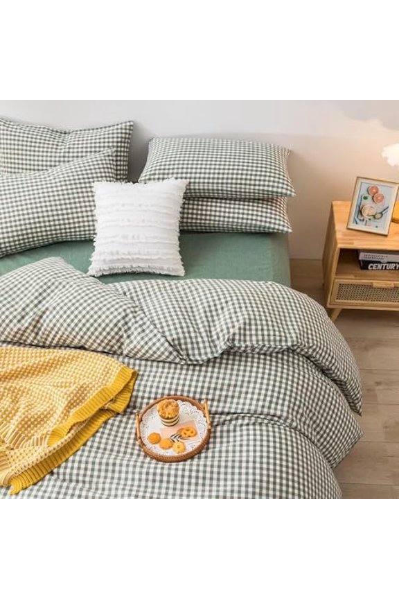 Green Gingham Comforter Set Twin XL, Plaid Comforter Set 3 Pieces 1 Green Grid Comfoter with 2 Pillow Cases for All Seasons, Soft Fluffy Modern Grid Pattern Printed Bedding-Twin XL Size