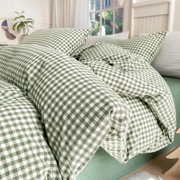 Green Gingham Comforter Set Twin XL Size,Modern Style 3 Pieces Grid Checkered Pattern Fluffy,Boho Farmhouse Gingham Bedding with 2 Pillowcases
