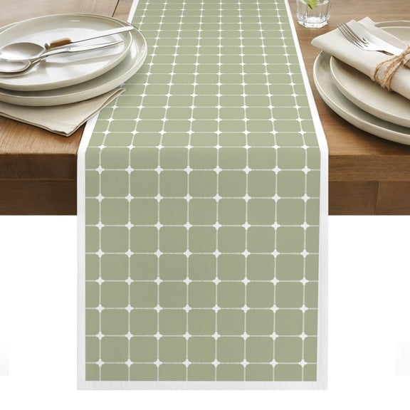 Green Gingham Cotton Linen Table Runner Modern Minimalist White Line Grid Points Checkered Dining Table Runners for Home Decor Party Dining Room Restaurant Kitchen Party 13" x 36"
