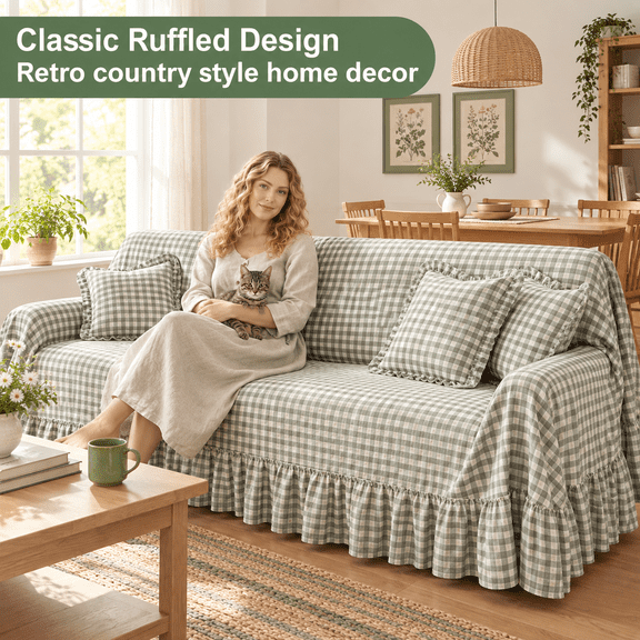 Green Gingham Couch Cover With Ruffle 118" W X 71" H