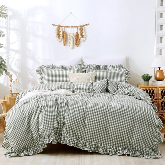 Green Gingham Duvet Cover Bedding Set 100% Washed Cotton Like Linen Texture Soft Breathable 3 Piece Plaid Checkered Cute Ruffle Comforter Cover Set (Queen 90"x90", Comforter Not Included)