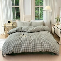 Green Gingham Duvet Cover King 100% Washed Cotton Checked Duvet Cover Set Modern Plaid 3 Piece Grid Bedding Set with Zipper Closure Corner Ties,Durable,Breathable,Easy Care