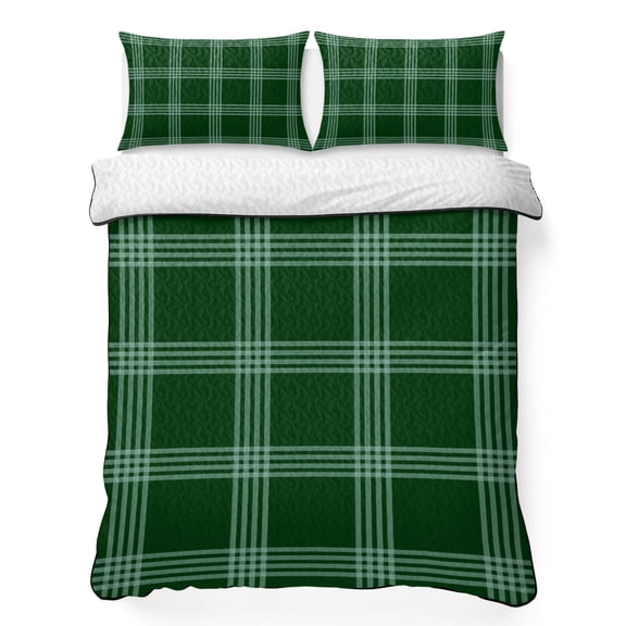 Green Gingham King Quilt Bedding Set, Abstract Vintage Rustic Minimalist Forest Green Checked Lightweight Comforter with 2 Pillow Shams Bedroom Bedspread Set Home Decor for All Seasons