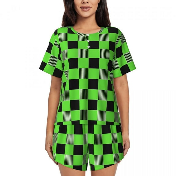 Green Gingham Pajamas Short Sleeve Vintage Plaid Print Two Piece Aesthetic Pajamas Set Summer Womens O Neck Cute Home Suit