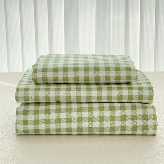 Green Gingham Queen Sheet Set, Soft Brushed Microfiber Green Plaid Queen Bed Sheets, 4-Pieces Green Grid Sheet Set with Deep Pocket