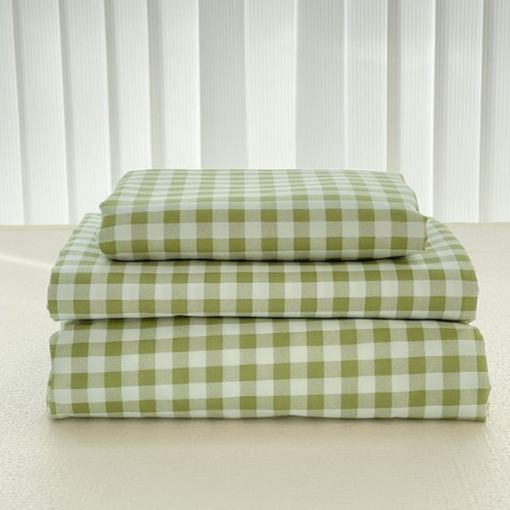 Green Gingham Queen Sheet Set, Soft Brushed Microfiber Green Plaid Queen Bed Sheets, 4-Pieces Green Grid Sheet Set with Deep Pocket