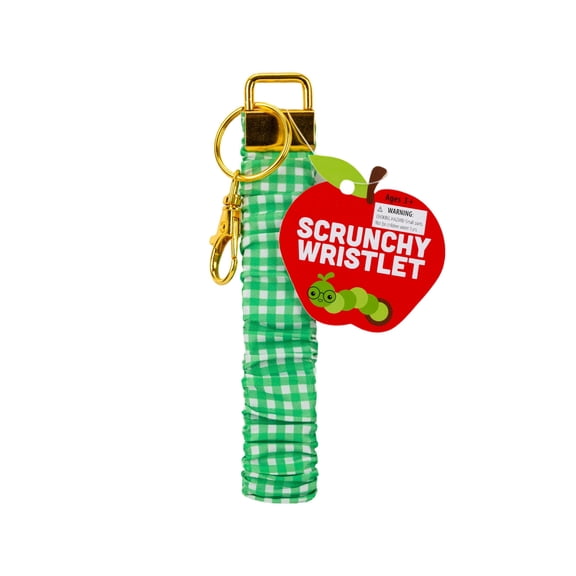 Green Gingham Scrunchy Wristlet, Elastic Wrist Lanyard Key Holder, Classic Green Pattern, 7 x 0.86 x 0.2 in
