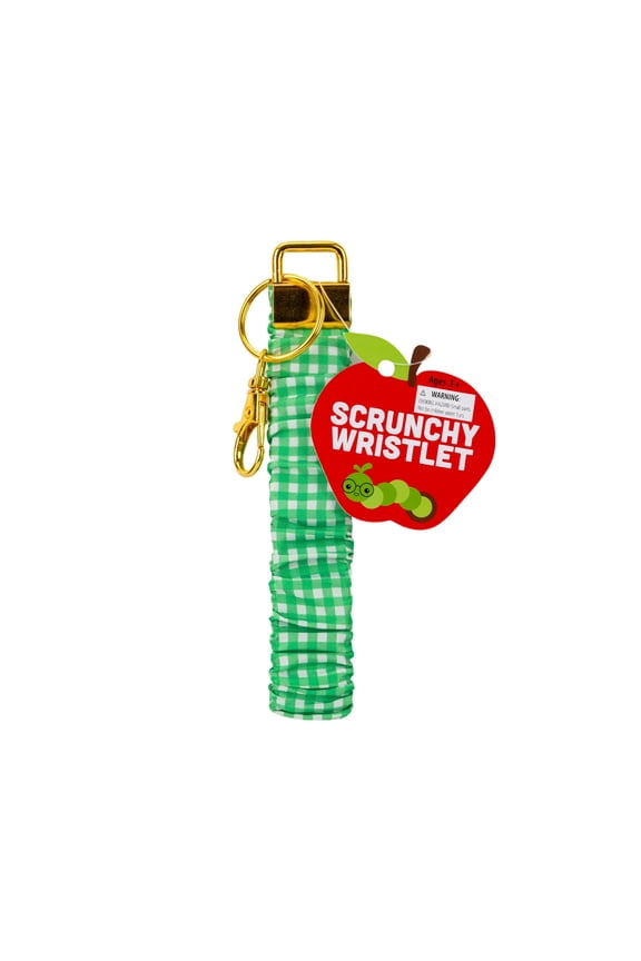 Green Gingham Scrunchy Wristlet, Elastic Wrist Lanyard Key Holder, Classic Green Pattern, 7 x 0.86 x 0.2 in