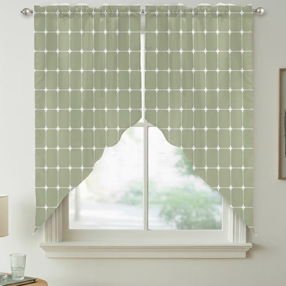 Green Gingham Swag Kitchen Curtain Valances, Modern Minimalist White Line Grid Points Checkered Rod Pocket Curtains Window Treatment Decor Valances for Bedroom Bathroom, 2 Panels 36 x 63 Inch