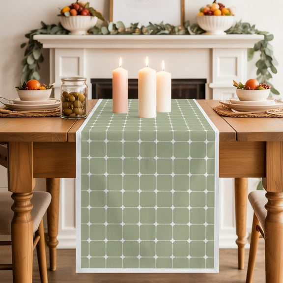 Green Gingham Table Runner, Modern Minimalist White Line Grid Points Checkered Washable Cotton-linen Table Runners Dining Kitchen Decoration for Everyday Home Wedding Party Decor, 13 x 36 Inch