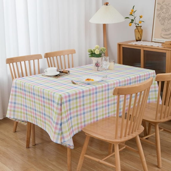 Green Gingham Tablecloth Rectangle Green Blue White Pastel Plaid Checkered Spring Table Cloth - Oblong 60" X 84" Polyester Table Cover Reusable Water Resistant for Valentine Holiday Picnic Party