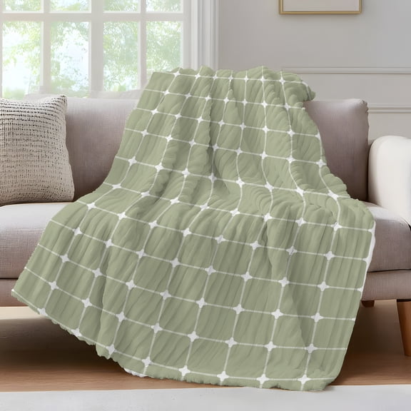 Green Gingham Throw Blanket for Couch Modern Minimalist White Line Grid Points Checkered Soft and Warm Flannel 3D Striped Fluffy Fuzzy Fleece Blanket Lightweight Throw for Bed, Sofa 32 x 48 Inches
