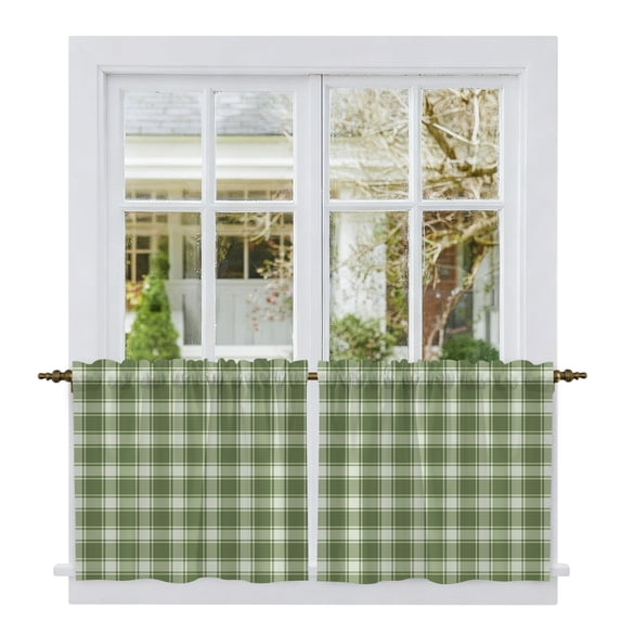 Green Gingham Tier Curtains 24 Inch Length, Farmhouse Buffalo Plaid Checkered Cafe Short Curtains for Bathroom Over Sink, Small Kitchen Curtain Light Filtering Tiered Drapes 2 Panels 27.5"Wx24"L