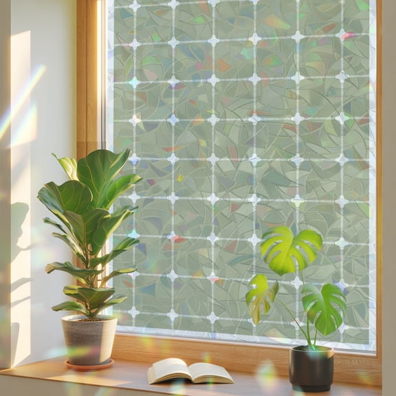 Green Gingham Window Privacy Film, Modern Minimalist White Line Grid Points Checkered Stained Glass Rainbow Film Decorative Window Clings, Static Cling Sun Blocking Stickers 17.7" x 39.3"