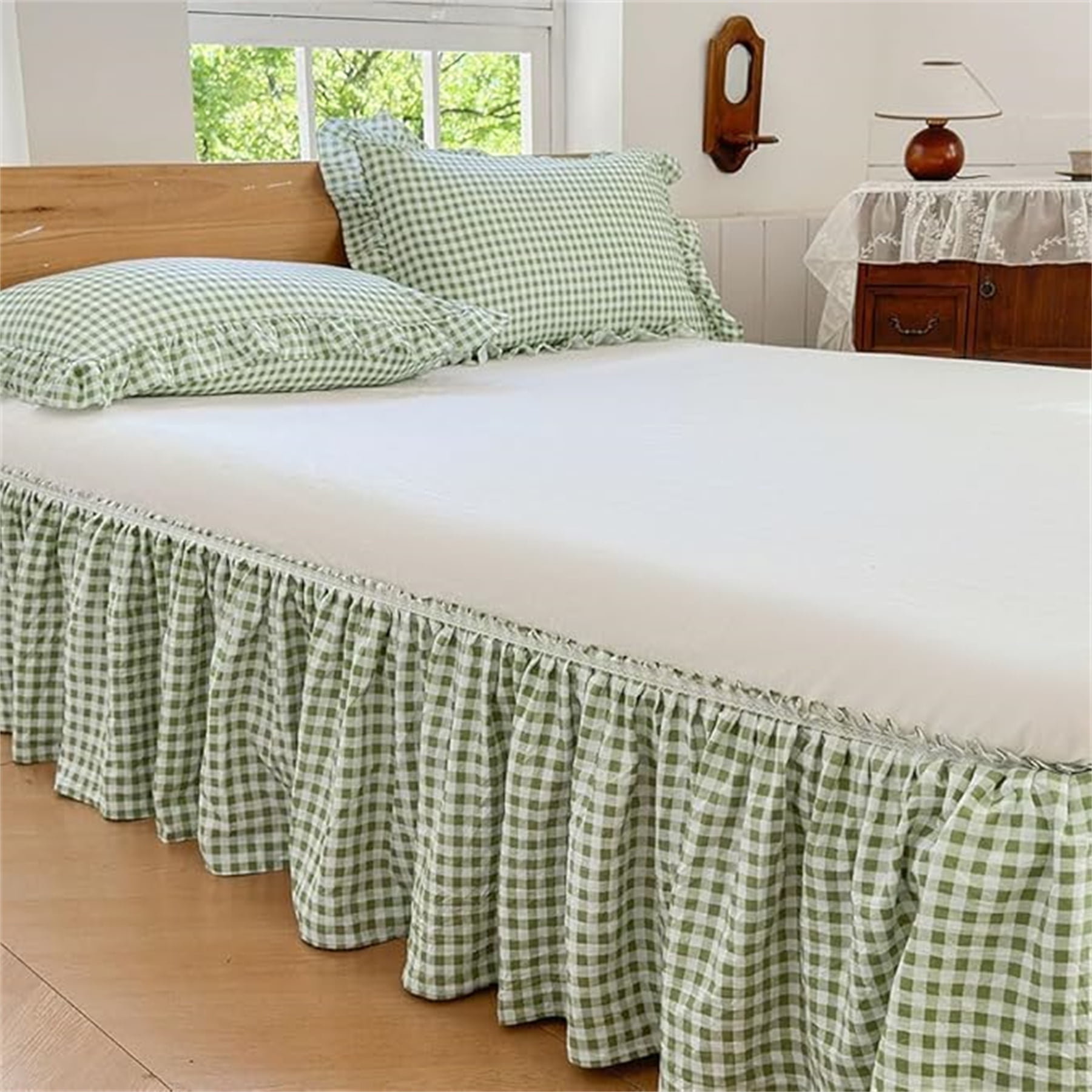 Green Gingham Wrap Around Ruffled Bed Skirt with Lace Decor, Plaid Grid Adjustable Elastic Dust Ruffles for Twin Bed, 15 Inch Drop Farmhouse Cottage Pleated Bed Frame Cover(Green Gingham, Twin)