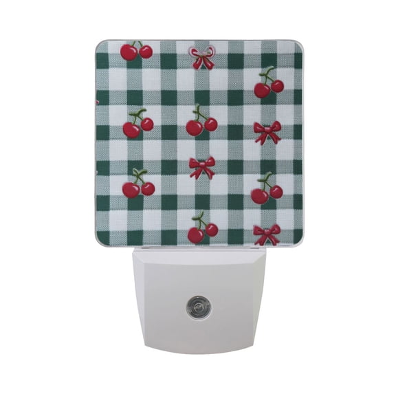 Green Gingham with Cute Cherry and Bows LED Night Light Sensor Lamp Plug-in Adjustable Brightness 2 Pack
