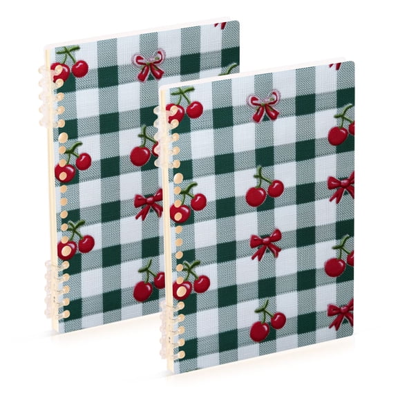 Green Gingham with Cute Cherry and Bows Notebook Detachable Coil Notebook Diary Plan Book A5 Size 60 Pages 1 Pack
