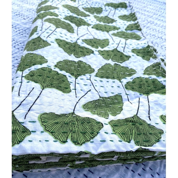 Green Ginkgo Leaf Indian Kantha Quilt, Handmade Cotton Blanket, Botanical Block Print Bedspread, Eco Friendly Boho Bedding Throw Coverlet
