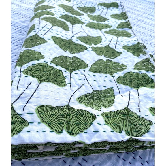 Green Ginkgo Leaf Indian Kantha Quilt, Handmade Cotton Blanket, Botanical Block Print Bedspread, Eco Friendly Boho Bedding Throw Coverlet
