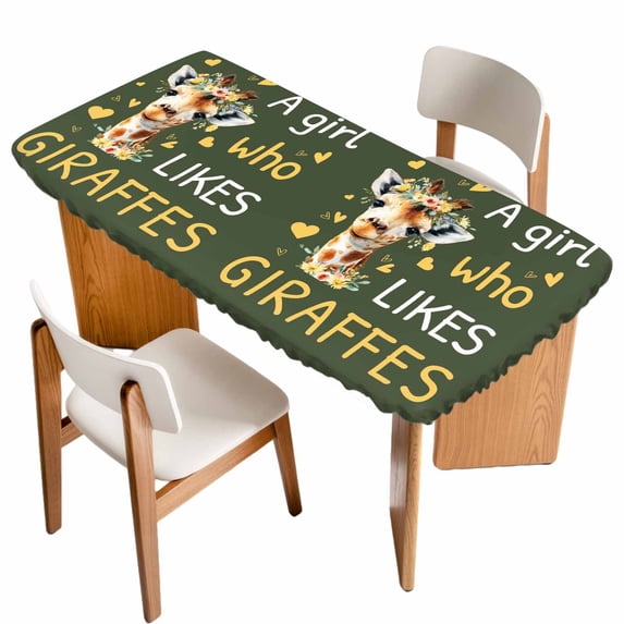 Green Giraffe Table Cloths for 6 Foot Rectangle Tables, Love Heart Spring Floral Botanical Patio Waterproof Elastic Fitted Tablecloths, Washable Rectangular Table Cover for Camping