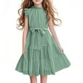 thumbnail image 1 of Green Girl Ruffle Short Sleeve Dresses Homecoming Dresses for Girls Crewneck Faux Gauze Linen Formal Date Night Evening Gowns Elegant Lounge A Line Dresses 2026 7 Years, 1 of 6