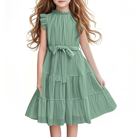 Green Girl Ruffle Short Sleeve Dresses Homecoming Dresses for Girls Crewneck Faux Gauze Linen Formal Date Night Evening Gowns Elegant Lounge A Line Dresses 2026 7 Years