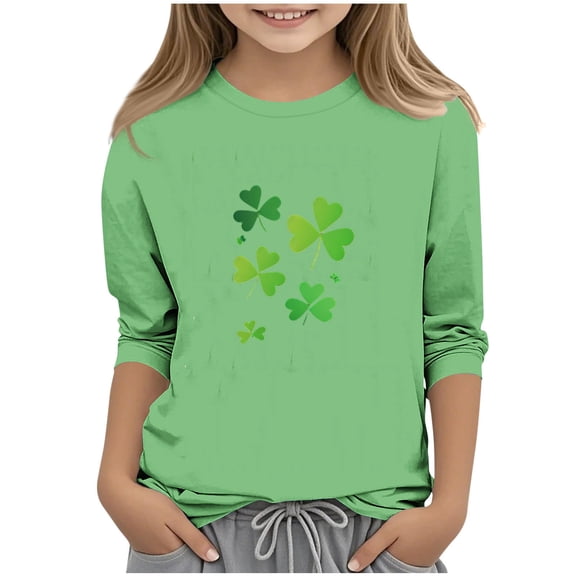 Green Girls St Patricks Day Lucky Clover Graphic Tee 3/4 Sleeve Soft Stretch Casual T-Shirt for Kids Girls 4-12 Years Polyester Spandex Relaxed Fit,Size 12-13T