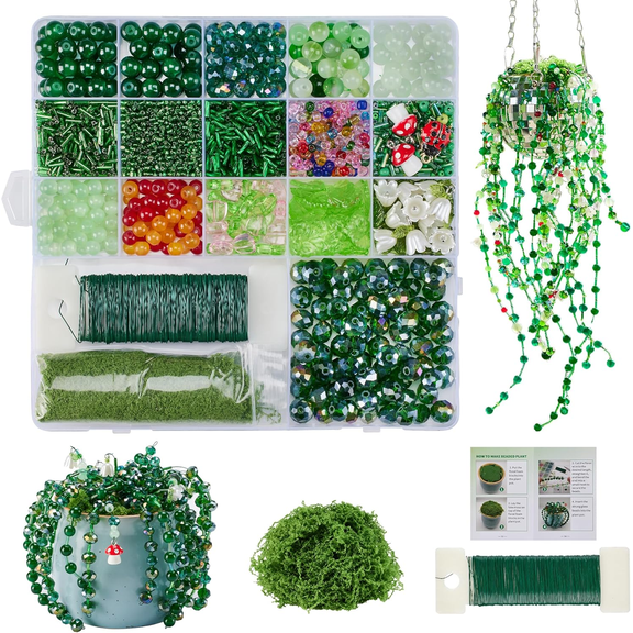 3000Pcs Green Glass Beaded Plant DIY Kit, Crystal Suncatcher Disco Ball Planter, Lily of the Valley Glass Flower Beads, Botanical Window Decor Gift