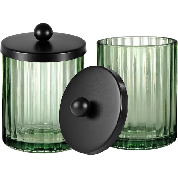 Green Glass Apothecary Jar, Qtip Holder for Bathroom(Black 2 Pack) | Canister for Cotton Balls, Makeup Pads, Floss Picks, Bathroom Essential Accessory, Countertop Q Tip Holder Storage Organizer