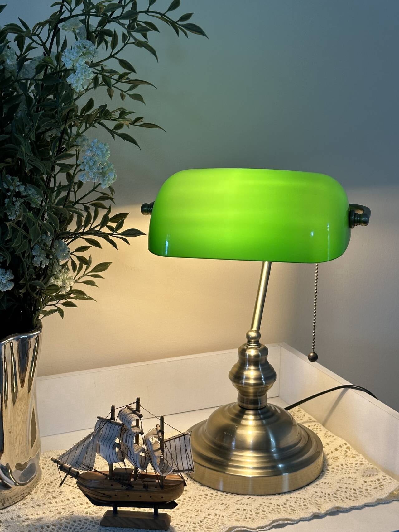 Green Glass Bankers Desk Lamp,14.17"H, Brass Finish Base(Bulb Not Included)