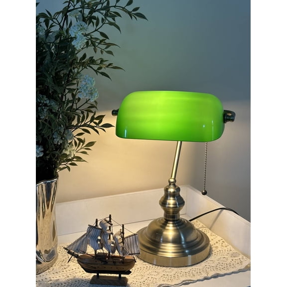 Green Glass Bankers Desk Lamp,14.17"H, Brass Finish Base(Bulb Not Included)