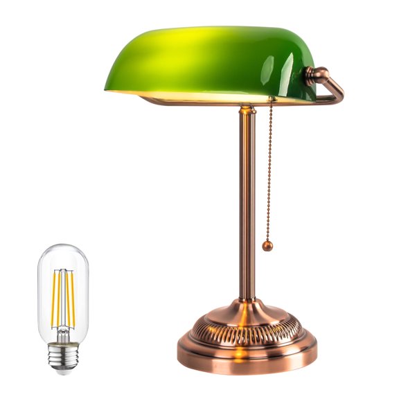 Green Glass Bankers Desk Lamp with LED Bulb,15.15"H,Red Copper Finish Base
