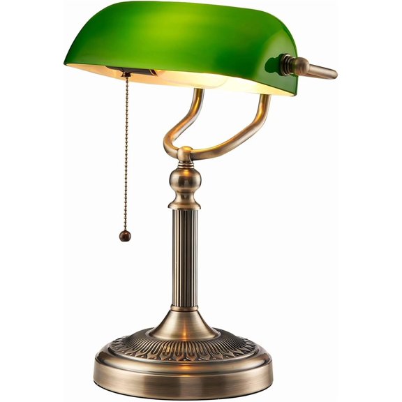 Green Glass Bankers Desk Lamp with Pull Chain Switch Plug in Fixture