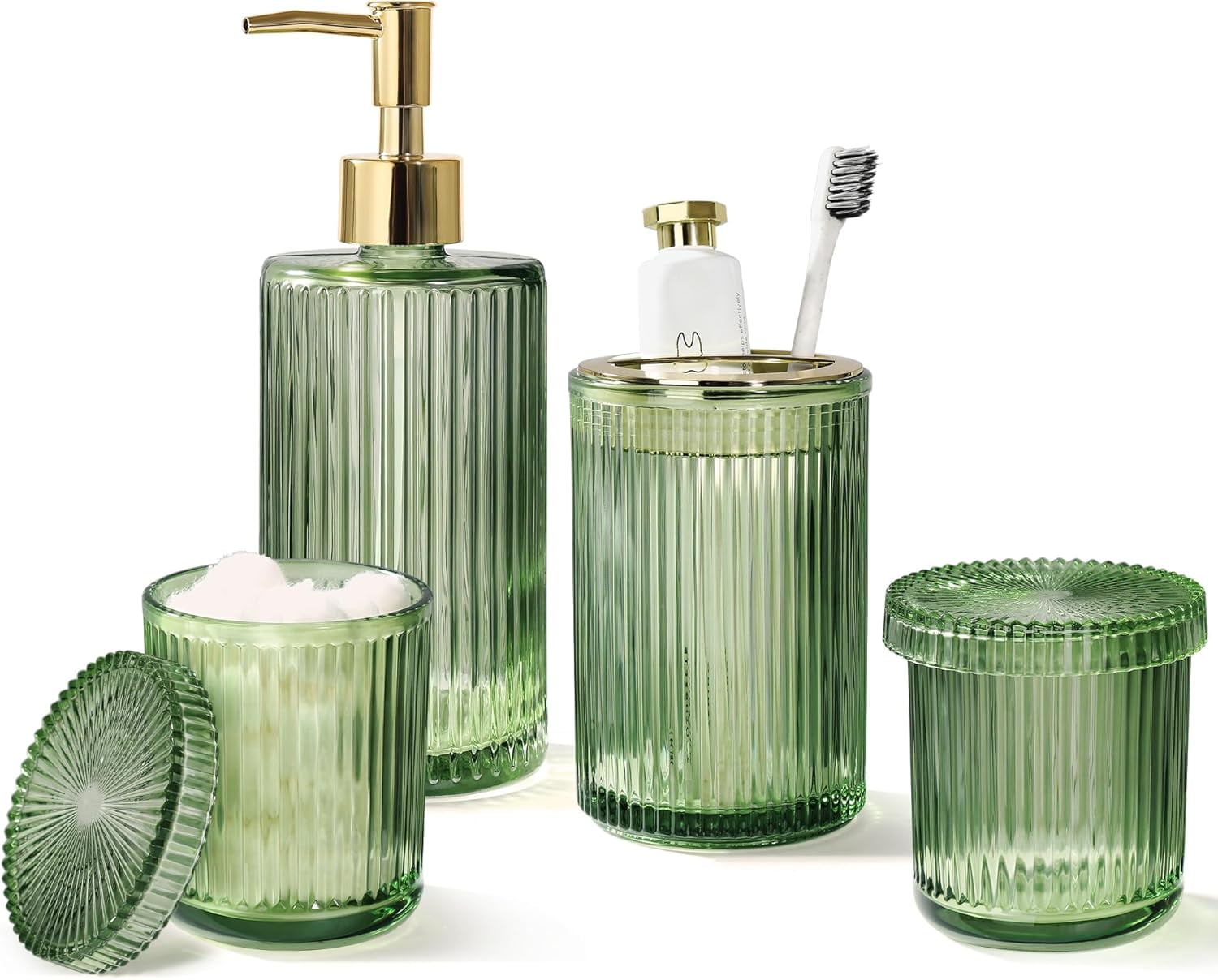 Green Glass Bathroom Set 4 Pcs, Vintage Soap Dispenser with Toothbrush ...