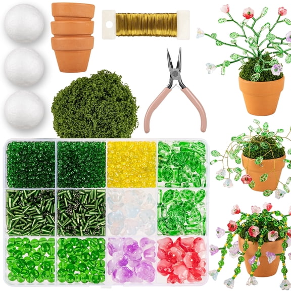 Green Glass Beaded Plant Kit, Bead Craft Kit to Make Beading Flower Leaf Plants Window Suncatcher DIY Desk Decor with 3 Mini Pots and Tools