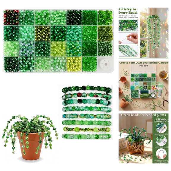 Green Glass Beaded Plant Kit, Boho Crystal Suncatcher with Disco Ball Planter, DIY Glass Flower & Leaf Beads Craft Set for Botanical Window Decor and Gifting B-1200pcs