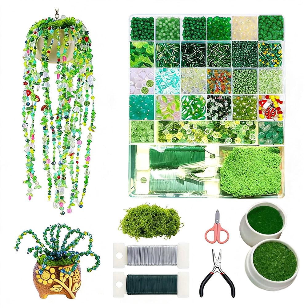 Green Glass Beaded Plant Kit,Plant Beaded Crystal Glass Leaf Bead for Plants Making,Complete Beading Kits with Pots and Moss for DIY Plants Making Crafts Earrings Necklace