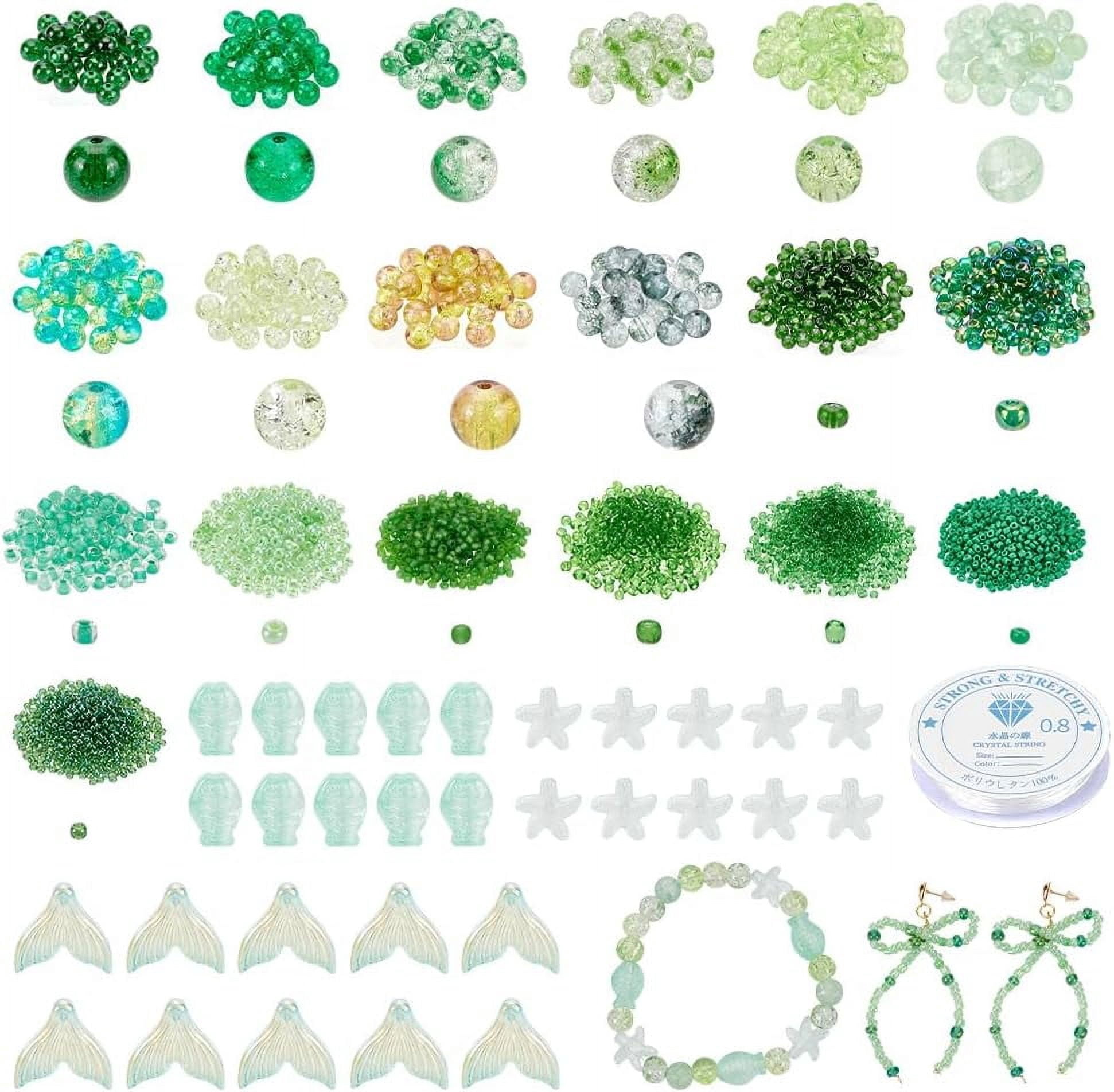 Green Glass Beads Kit 8mm Glass Round Beads Starfish Beads Fishtail Beads Fish Beads 9 Colors Glass Seed Beads with Thread