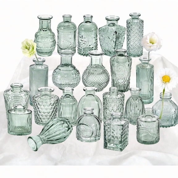 Green Glass Bud Vase Set Of 22 Small Vases For Flowers Clear Glass Vases For Centerpieces Mini Bud Vases In Bulk Rustic Wedding Decorations Centerpieces Vintage Look Home Table Flower Decor