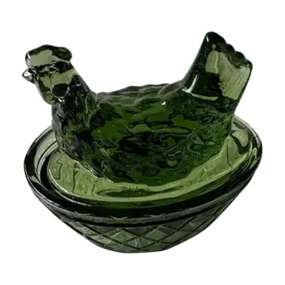 Green Glass Chicken in Egg Nest Miniature, Easter and Spring Home Decoration, Handmade Tabletop Ornament for Holiday Gift Giving