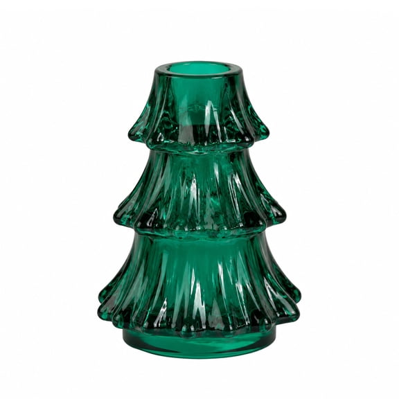 Green Glass Christmas Tree Candle Holder, 4.3 in Taper Candlestick, Holiday Tabletop Decor for Mantel, Dining Table and Shelf