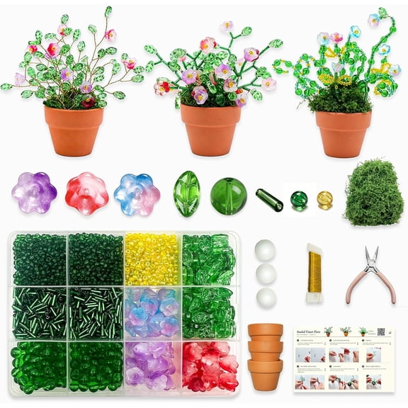 Green Glass Leaf Beaded Plant DIY Craft Kit, All-in-One Beading Set with Pots, Tools and Tutorials, Creative Window Suncatcher Desktop Decor Gift for Adults and Teens