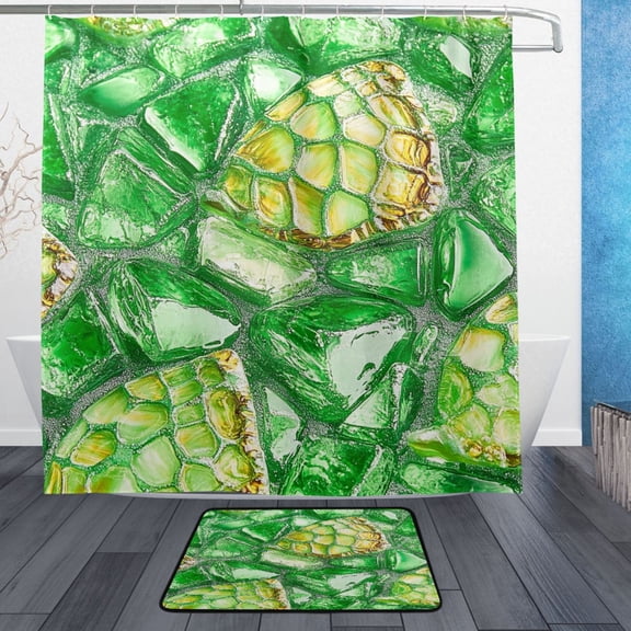 Green Glass Mosaic Bathroom Accessory Sets Waterproof Shower Curtain with Anti-Slip Bath Mat Durable Combo